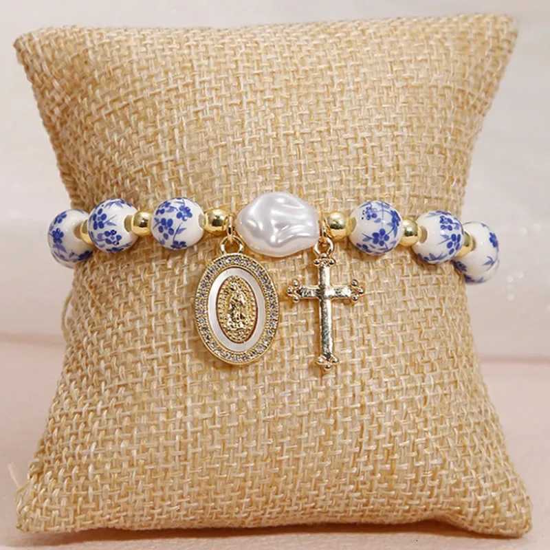 Ceramic golden beads Baroque pearl bracelet Virgin Mary and Jesus Charm Gift/Cross Jewelry/Christian Gift with Gift Box H260303