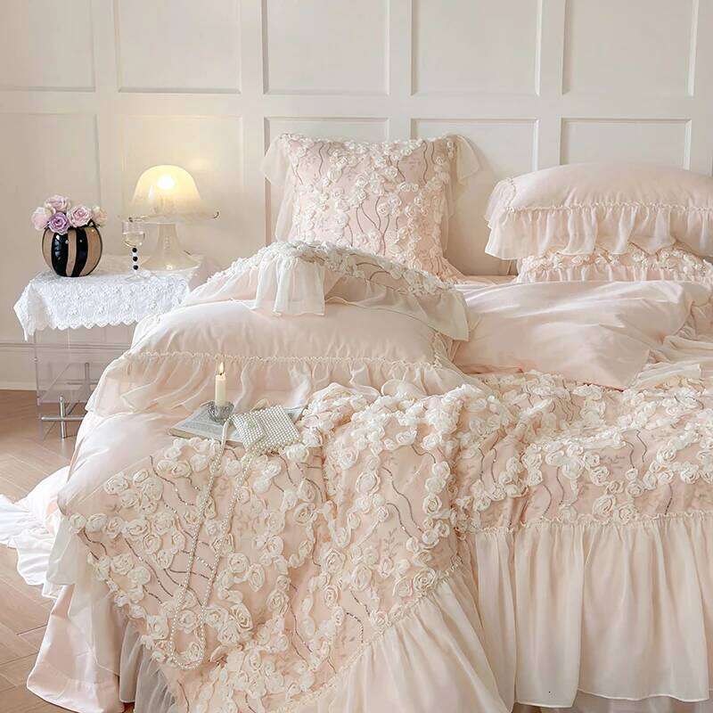 Korean Style Pink Lace Flowers Princess Bedding Set Egyptian Cotton Ruffles Comforter/Duvet Cover Bed Sheet Pillowcases W260302