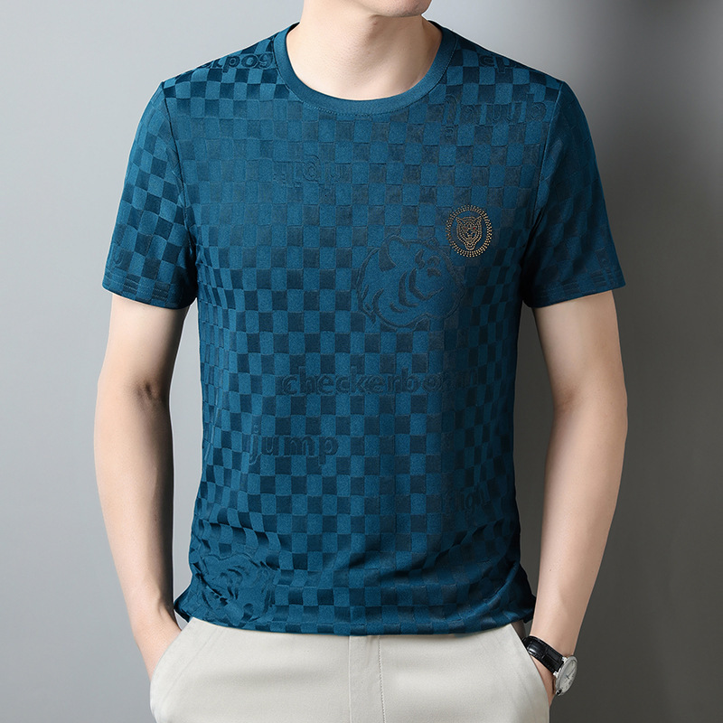 Luxury Brand Designer Clothes Ice Silk Round-Neck T-Shirt For Men New Summer Style Fashionable For Young And Middle-Aged Men Semi-Solid Color Breathab