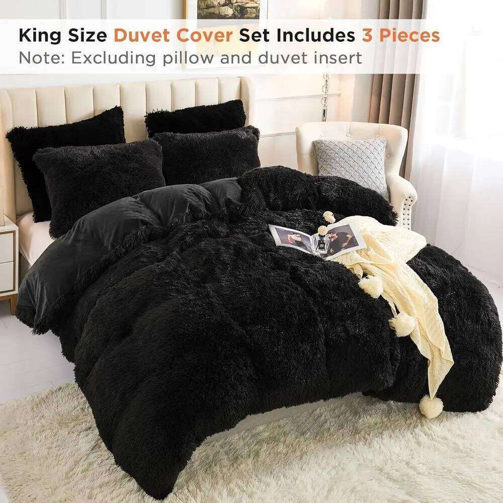 Luxury King Size Black Faux Fur Duvet Cover Set with 2 Pillowcases, Plush Velvet, Zippered Closure W260302