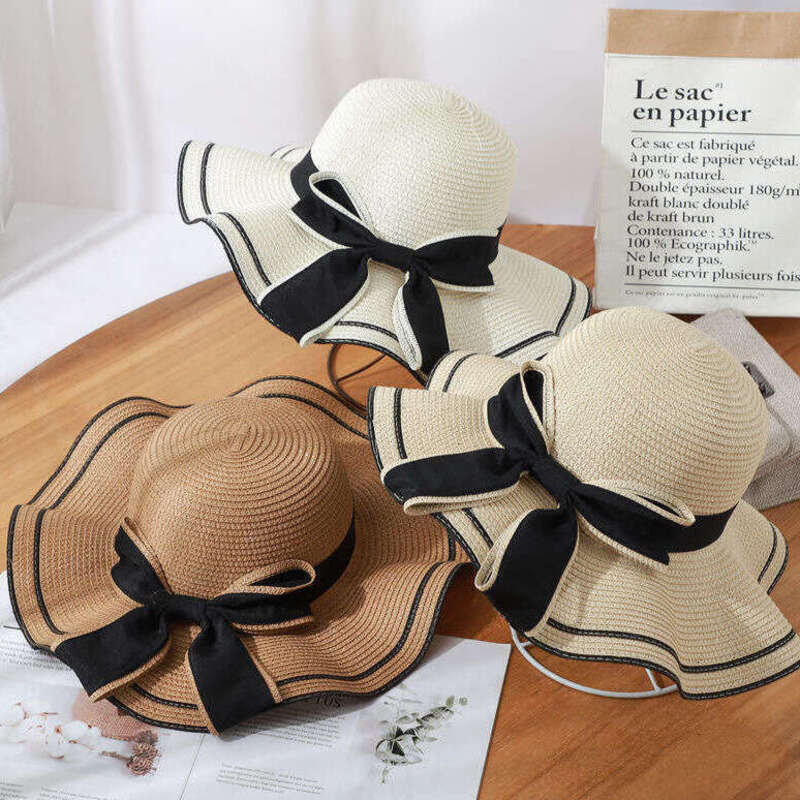 Fashion Accessories Hat Women's Elegant Wavy Brim Straw Floppy Hat with Black Bow UV Protection for Summer Trips Pool Parties Holiday Beach