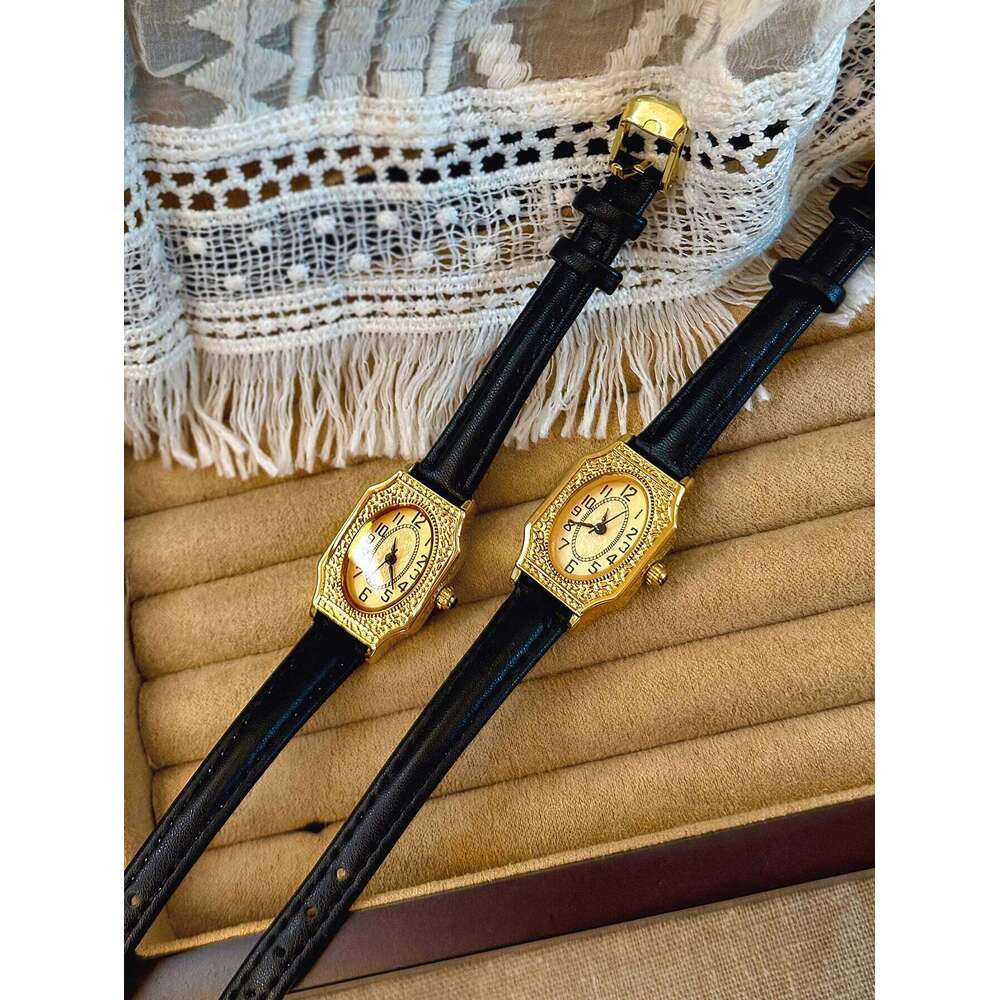 1 Piece of New Gold-Colored French Classic Retro-Style High-End Elegant Delicate Women's Quartz Watch Pu Leather Strap, Rectangular Engraved Dial