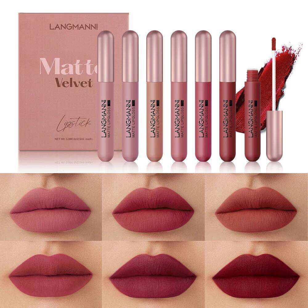 Langmani 6-pack/set matte lip gloss velvet lipstick, long-lasting and non stick to cup liquid lipstick H260302
