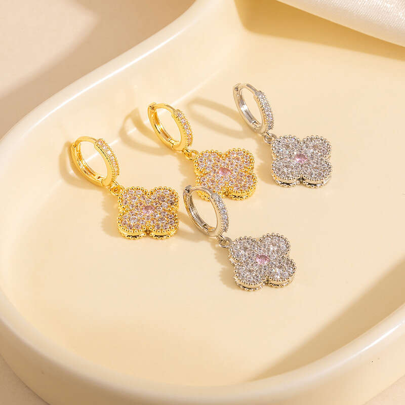 Inlaid Zirconia Ins-style OL Light Luxury High-end Exquisite Four-leaf Clover Earrings For Women