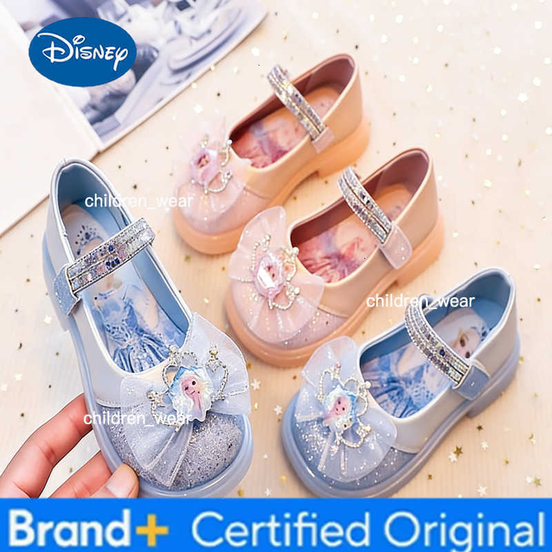 Disney KidsCasual Shoes Crystal Bow Princess Elsa PU Leather Shoes Spring Shoes For Girls Soft Bottom Pink Blue Shoes Size 26-34 H260303