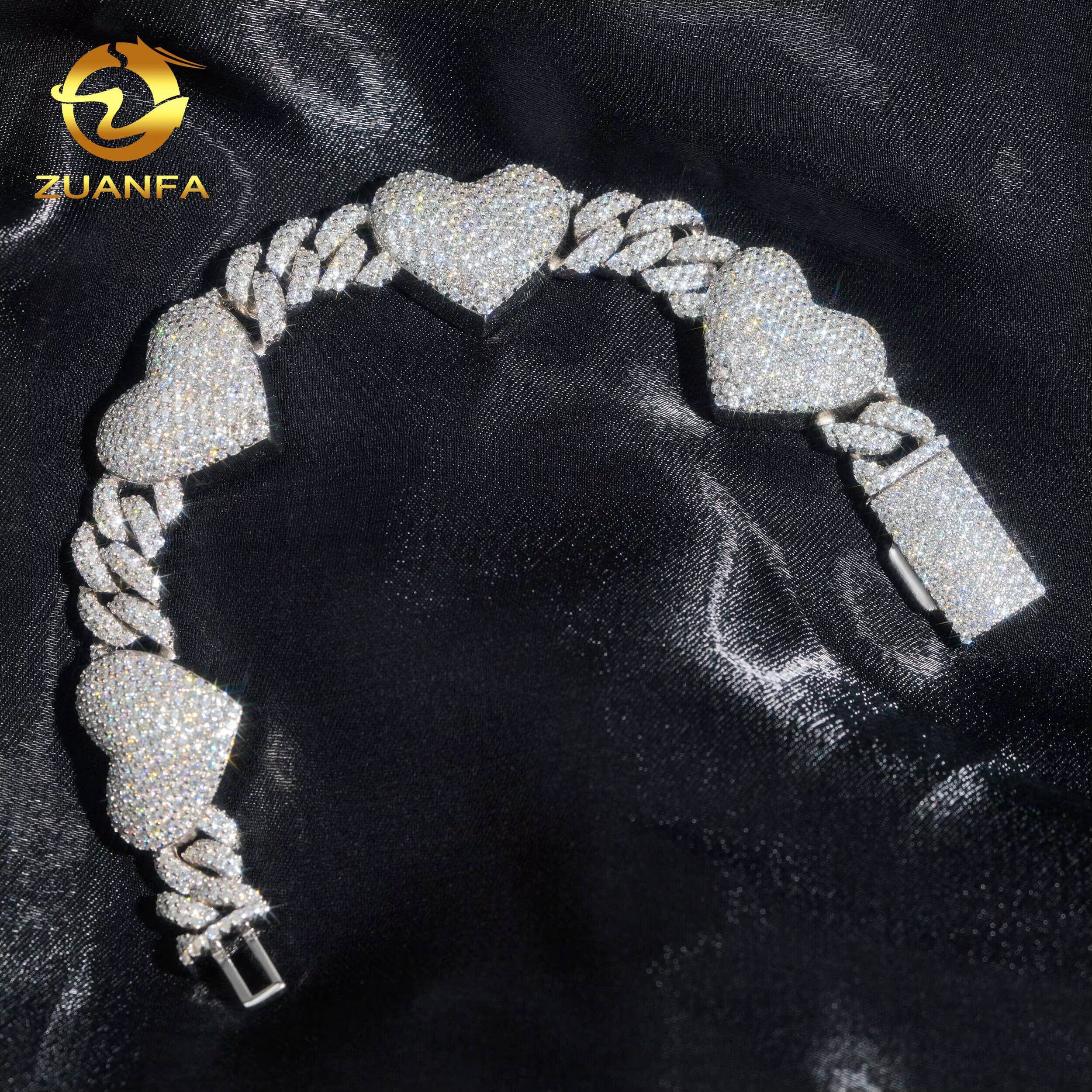 Fashion GRA Certificates Pass Diamond Tester 925Solid Silver 13mm Iced Out Hip Hop Moissanite Diamond Heart Link Chain Bracelet