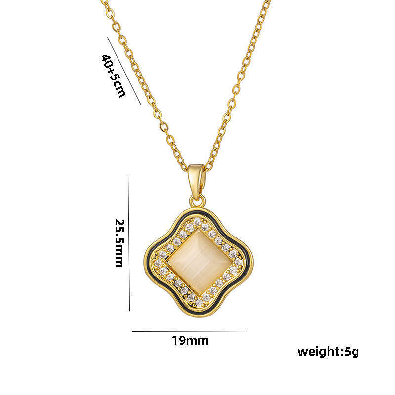 Korean-style Micro-inlaid Zircon Lucky Clover Cat's Eye Stone Light Luxury Necklace For Women