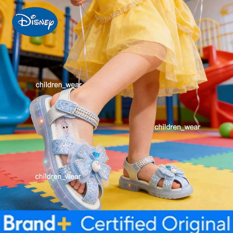 Disney KidsSandalsl Led Light Elsa Princess Frozen PU Leather Sequin Pearl Summer Shoes Anti-slip Breathable Pink Blue Size 22-32 H2603031