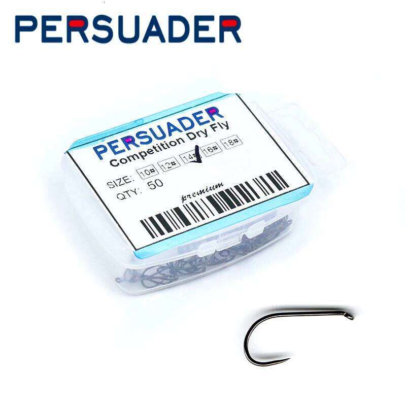 PERSUADER 50pcs/box professional competition barbless dry 10# 12# 14# 16# 18# slim&light mosquitos fly fishing hooks Z260228