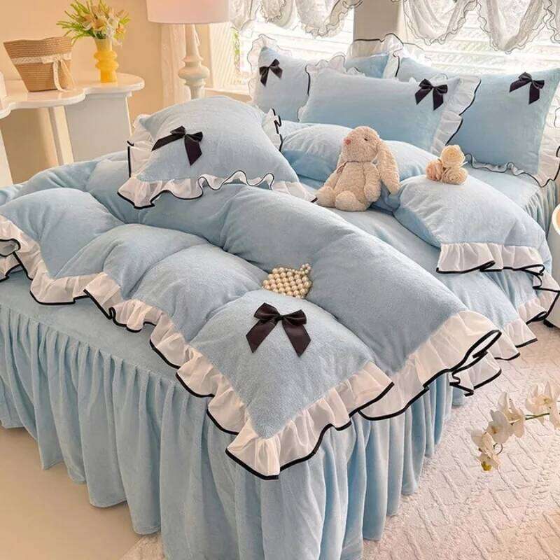 2025 new princess wind milk fleece bed skirt four-piece set autumn and winter Korean lace thickened warm quilt cover W260302