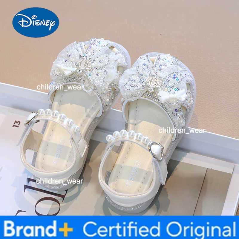 Disney New Girls Summer Bowknot Sandals Sweet Crown Kids Causal Princess Dress Shoes Elegant Wedding Party Children Pearl Flat Sandals H260303
