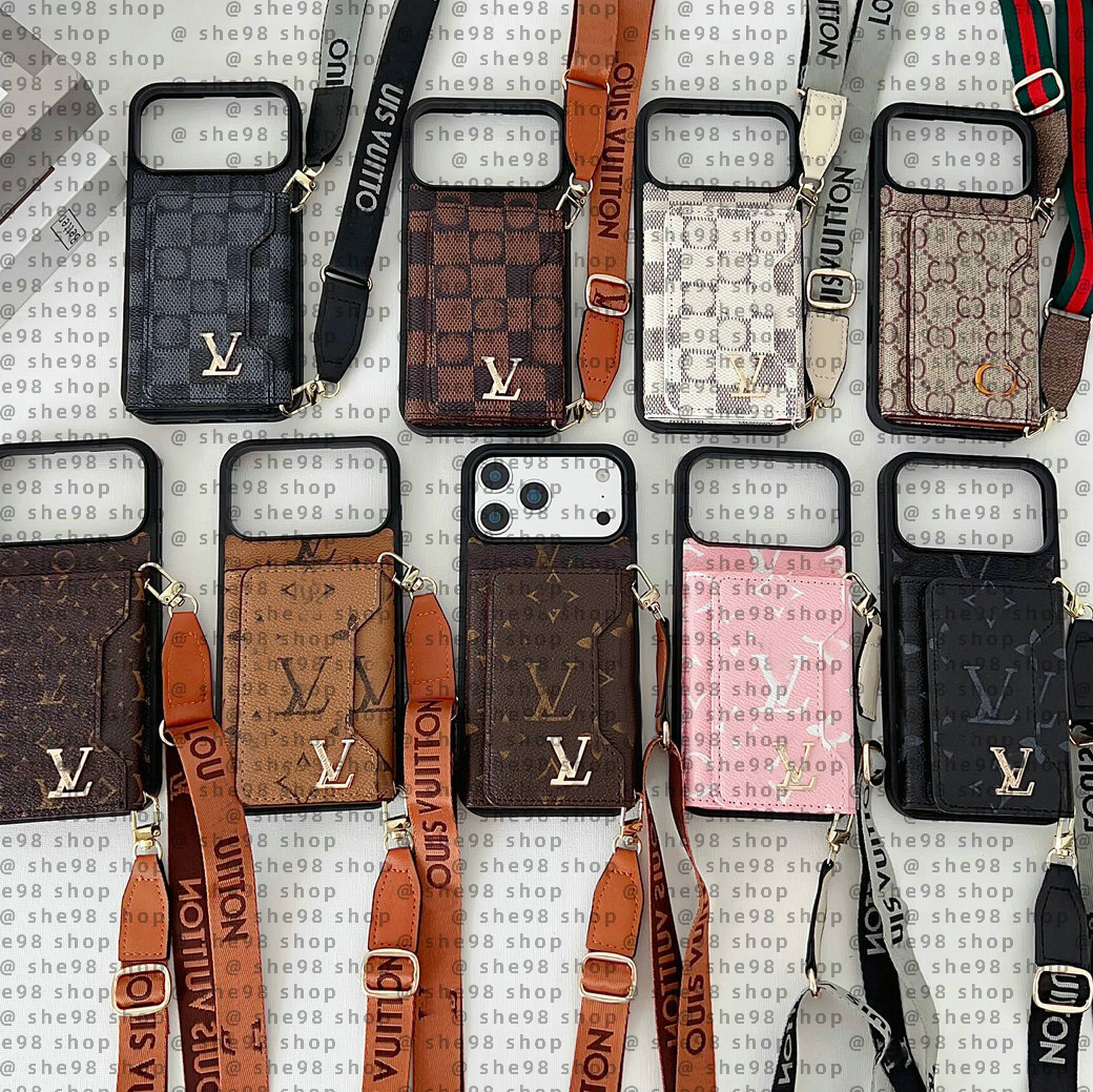 Brand Crossbody Wallet Phone Case Designer iPhone Case for Apple iPhone 17 16 15 Pro Max 14 13 12 11 15 Plus Samsung s24 ultra s23 plus s22 S21 Case Cover Card Holder