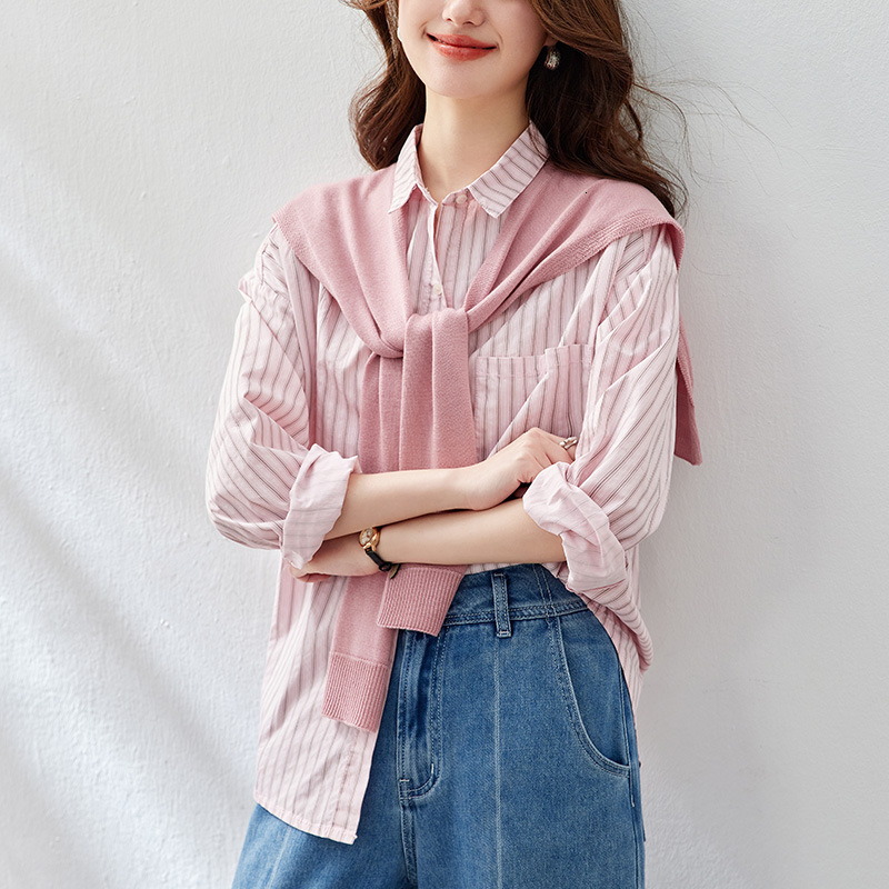 Pink Striped Long-sleeve Women's Polo Shirt Shirt Designer Shirt 2026 Spring New Style Designer Hoodie Top Knitted Shawl Top Stylish Women's Blouse