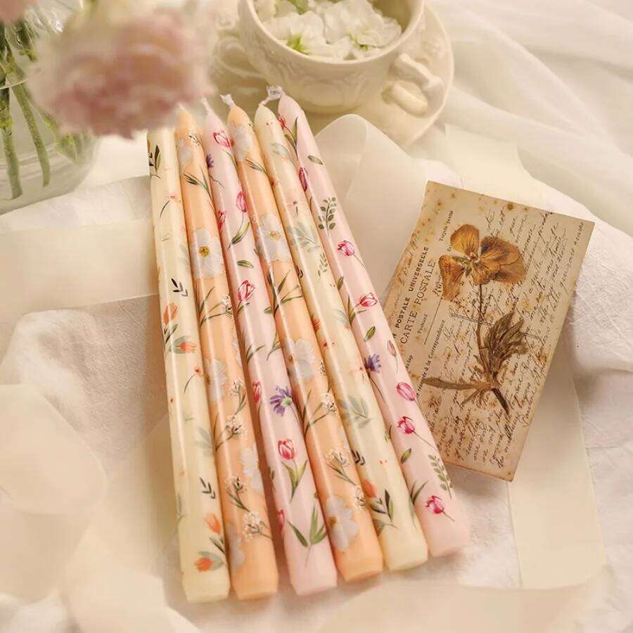 2 pcs/box 9.85 inch conical scented candles, romantic hand-painted long pink candle for home decoration, candle, wedding decoration W260303