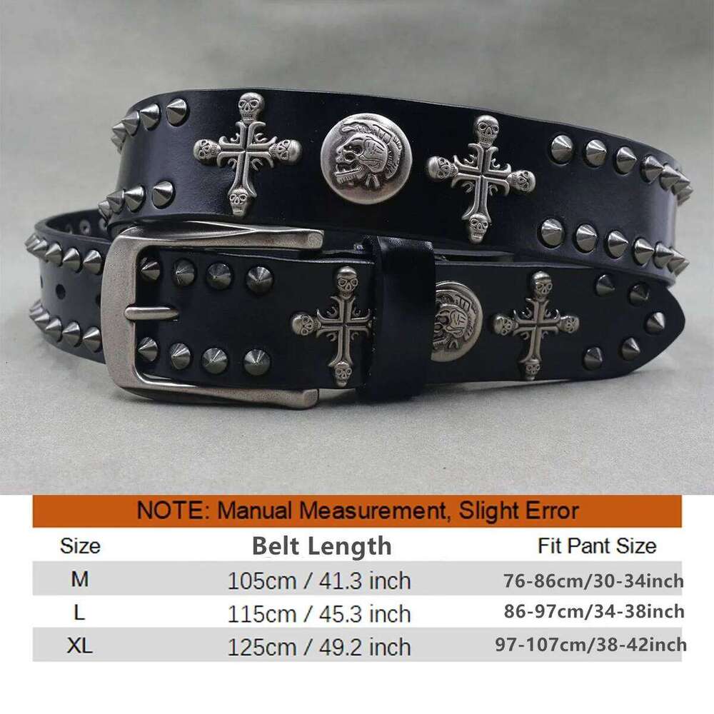 Metal Skull Cross Cowboy Genuine Leather Cowskin Belt Punk Rivet Jeans Belts For Men Ceinture S260228