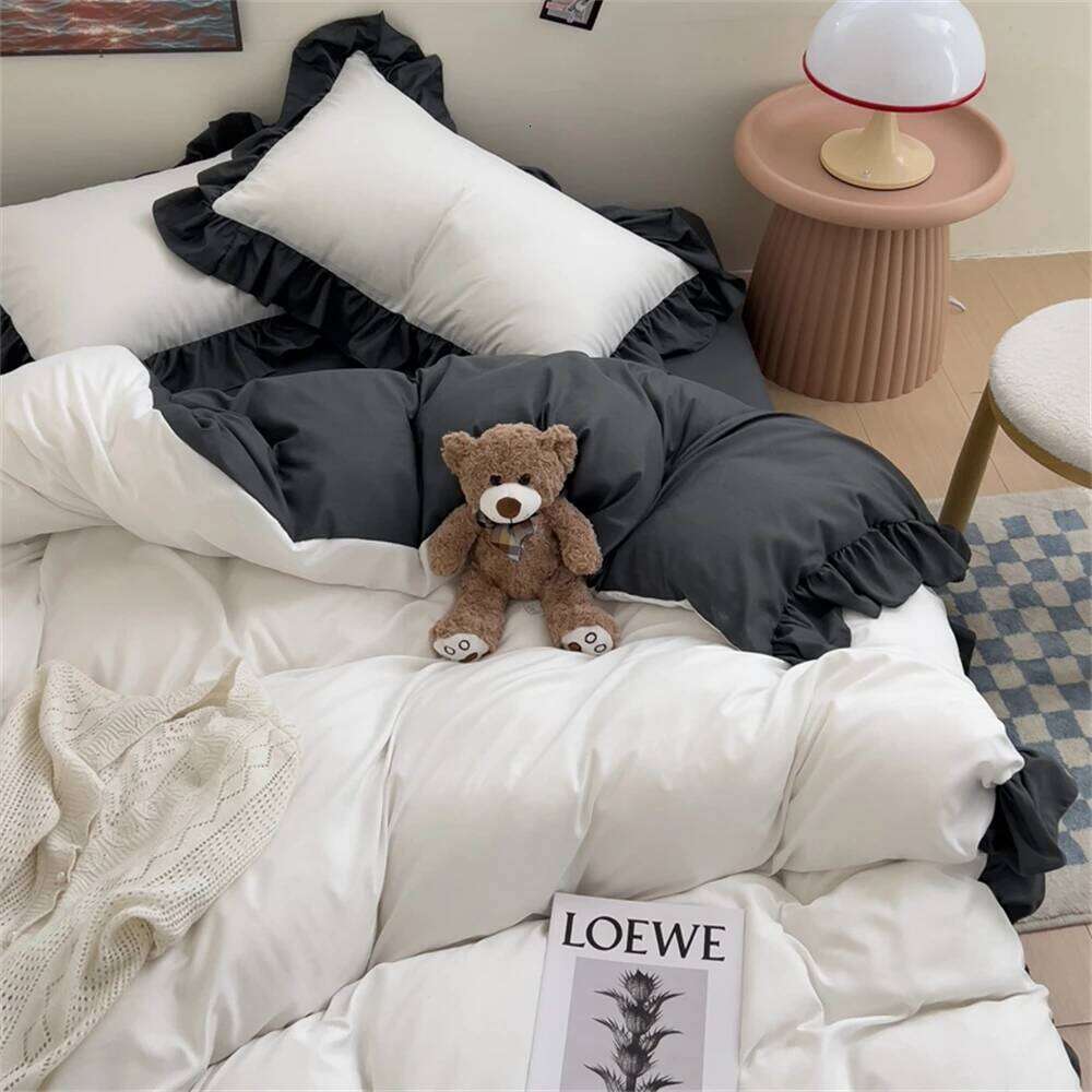 Princess Style Bedding Soft Solid Color Ruffle Duvet Cover Comforter Pillowcase Bed Sheet Washed Cotton Four Pieces Set W260302
