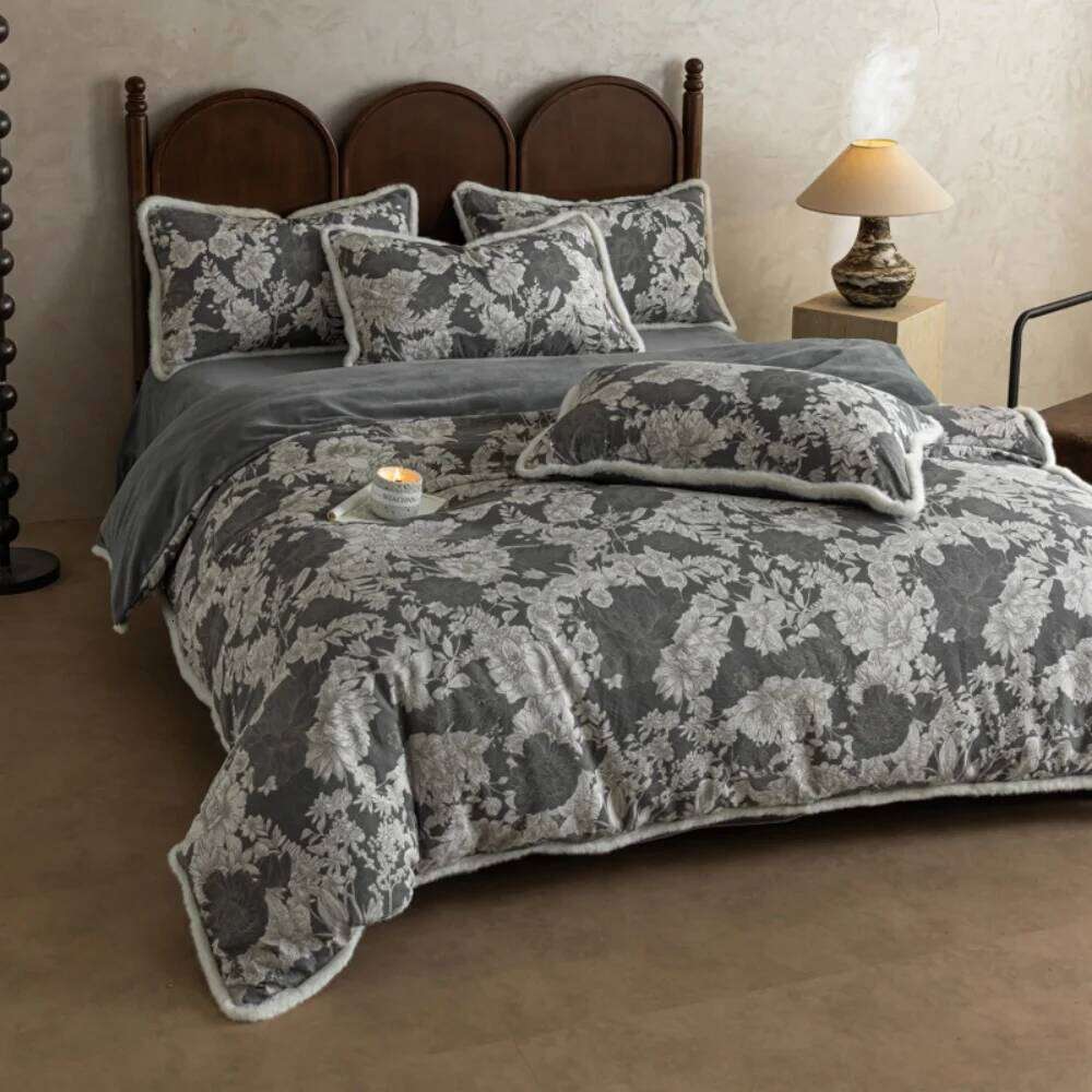 Thickened Retro Cotton Linen Milk Velvet Four-Piece Winter Warm Bedding Set Floral Printed Quilt Cover Pillowcase Bed Sheet W260302 W260302
