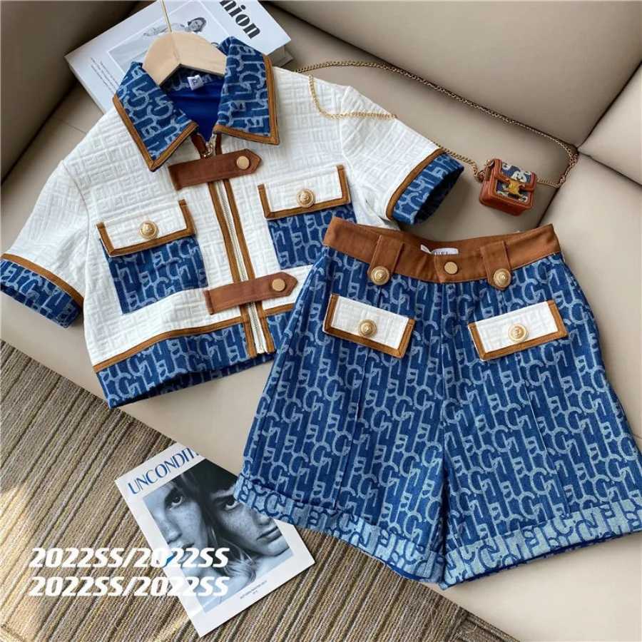 Blue Jacquard 2-Piece Set for Women Retro Monogram Jacket & Shorts with Brown TrimT260303 - view 3