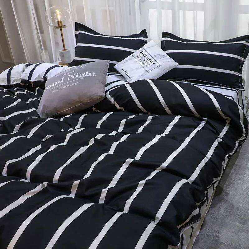 Lightweight Hotel Luxury Duvet 3 Piece Set, Black White Vertical Stripes Ultra Soft Microfiber Breathable Comforter Cover W260302