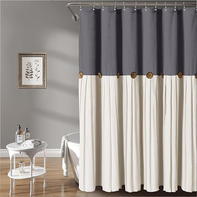 YL-38292 Button-trimmed bathroom shower curtain, cotton and linen waterproof button-down bathroom curtain.