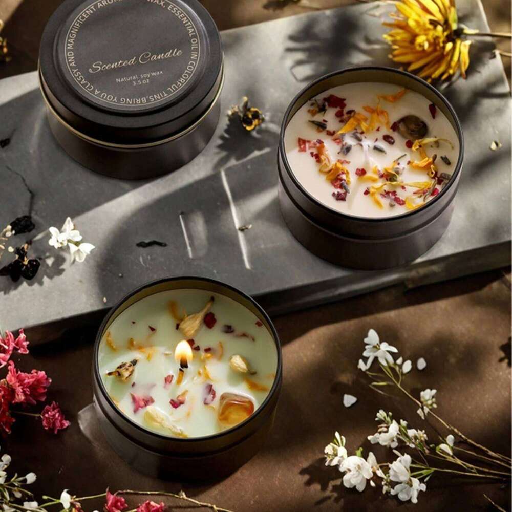 1Pc Premium Crystal Scented Candle - Handmade Soy Wax Dried Flower Tin, Aromatherapy Creative Ornament & Photography Prop W260303