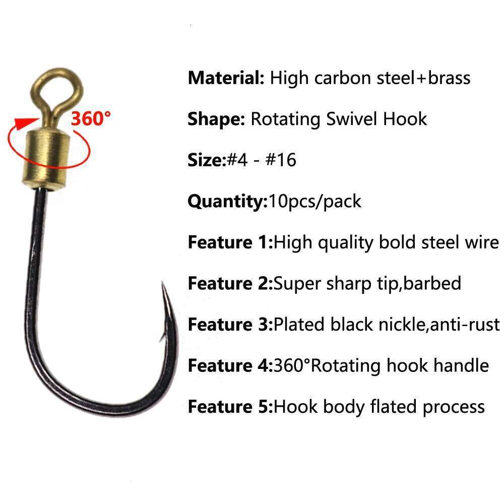 10pcs High Carbon Steel 360 Rotating Swivel Hook for Freshwater Saltwater Fishing Metal Spoon Minnow Lure Worm Hooks #4-#16 Z260228