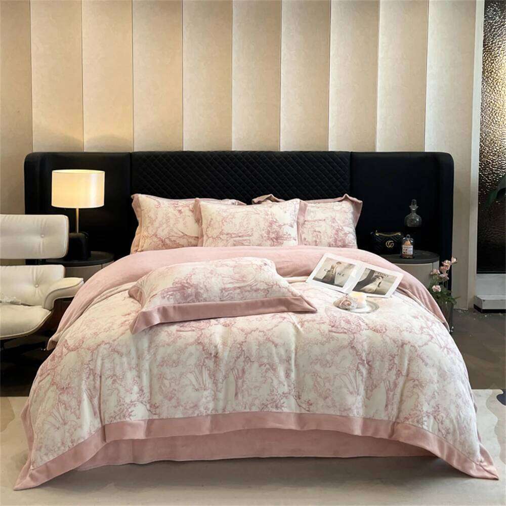 Light Luxury Milk Four-Piece Set Autumn and Winter Warm Thickened Printing Coral Velvet Quilt Cover Bed Sheet Pillowcases W260302