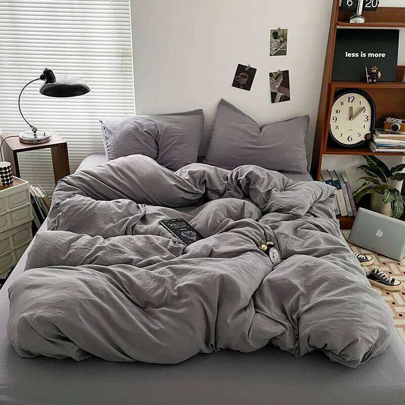 A-class washed cotton four piece solid color linen with bed sheet, down duvet cover, pillowcase, bedding set W260302 W260302