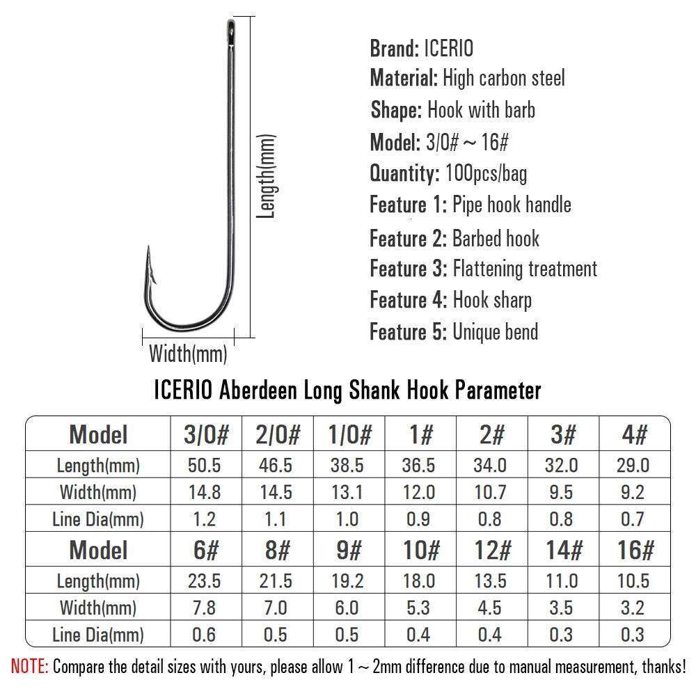 ICERIO 100PCS 16# - 3/0 Long Shank Fine Wire Aberdeen Saltwater Freshwater Fishing Hooks Sabiki Rig Streamer Fly Bait Hook Z260228