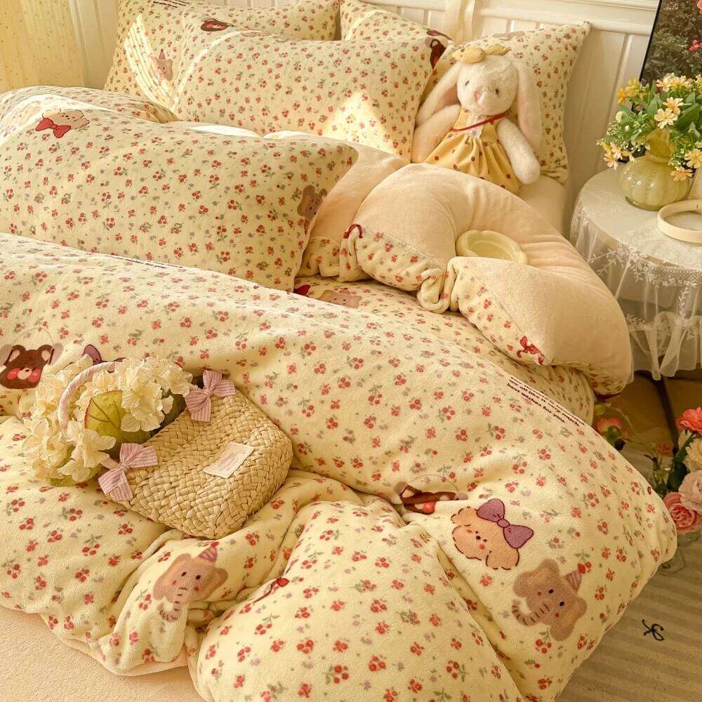 Printed Thicken Milk Coral Fleece Bedding Winter Comforte Warm Bedroom Decor Quilt Cover Bed Sheet Pillowcase Four-Piece Set W260302 W260302