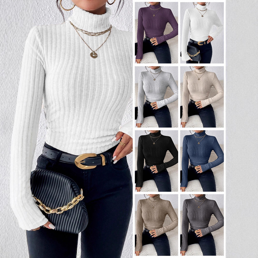 2025 Autumn Winter High Neck VNeck Long Sleeve Brushed Ribbed Knit TShirt Top 250210
