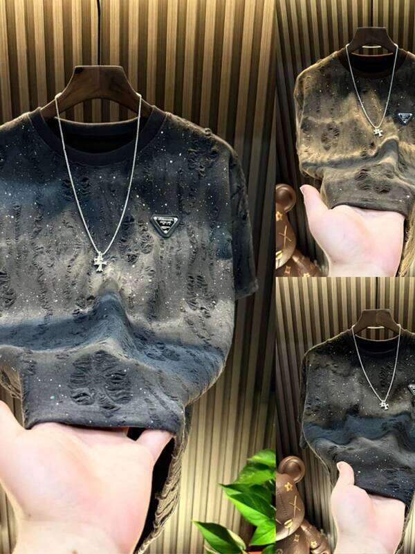 Summer Men's Ort Sve T-Irt Youth Luxury Round Ne Adient Hole Punch Trendy Cotton Polyester Blend Casual Wear