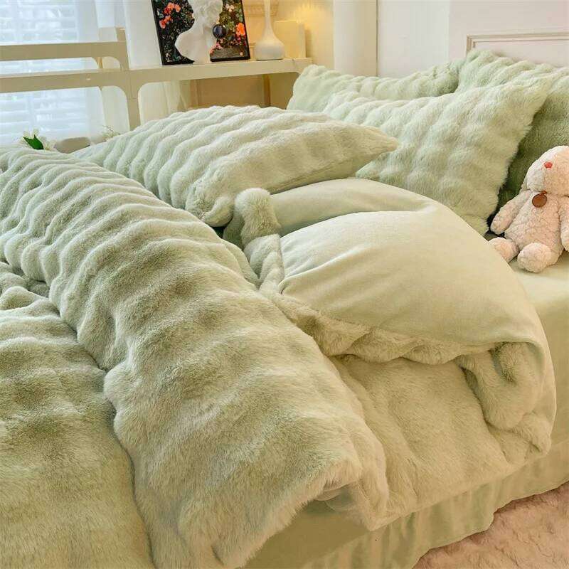 4Pcs Faux Rabbit Fur Blankets for Beds Winter Luxury Fluffy Plush Throw Blanket Bedroom Sofa Cover Pillowcase Cozy&Soft Bedding W260302