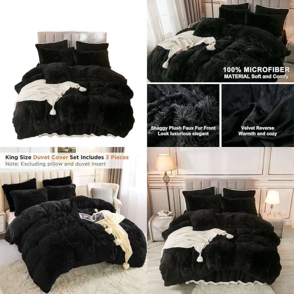 Luxury King Size Black Faux Fur Duvet Cover Set with 2 Pillowcases, Plush Velvet, Zippered Closure W260302