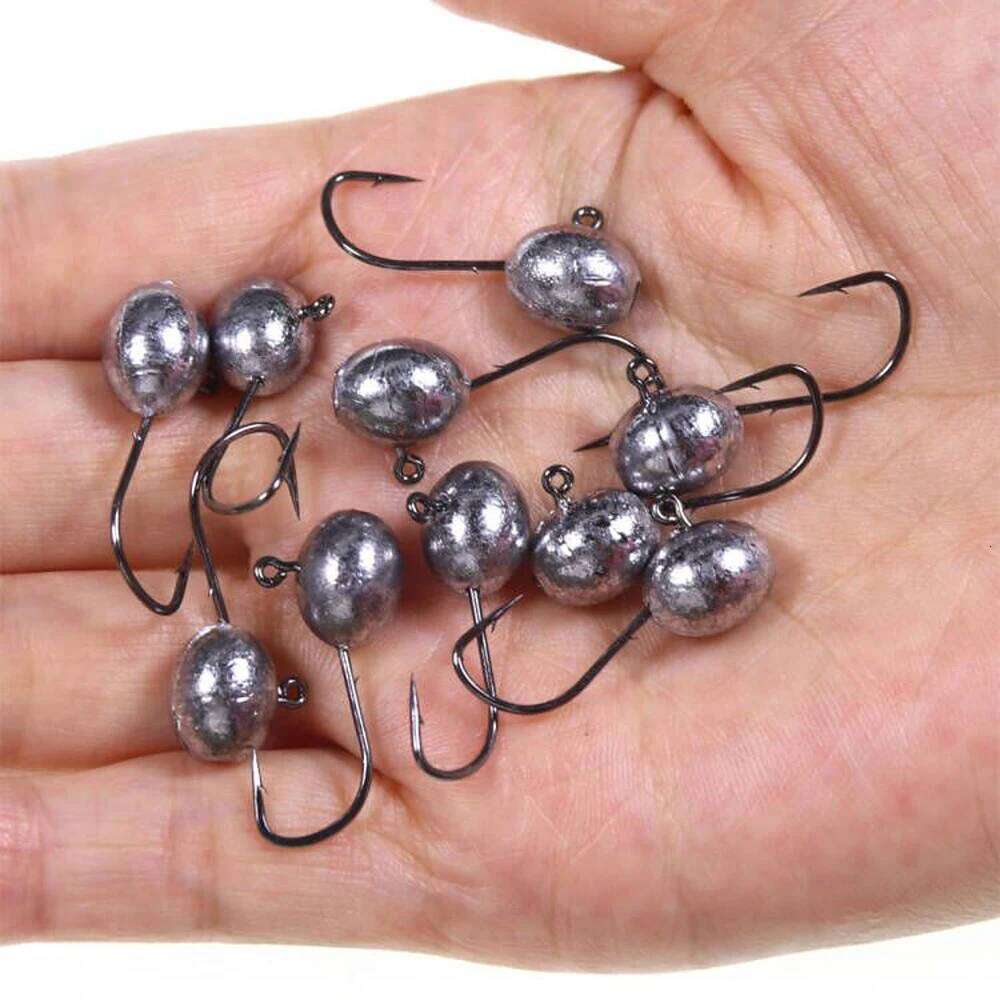 ICERIO 10PCS 2g 3g 4g 5g Oval Shape Ball Weighted Jig Head Double Barbed Soft Worm Lure Hook For Fishing Z260228