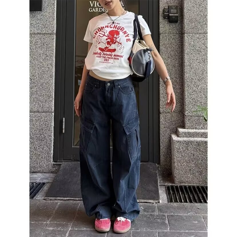 Americn High Street Lrge Pocket Scimitr Pnts Women's Crgo Pnts Designer Pnts Design Sense Loose Pleted Hip-hop Csul Wshed Long Pnts Trendy