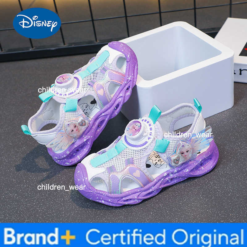 Disney KidsSandals Led Light Elsa Princess Frozen Buckle PU Leather Summer Shoes For Girls Anti-slip Breathable Pink Purple Size 22-36 H260303
