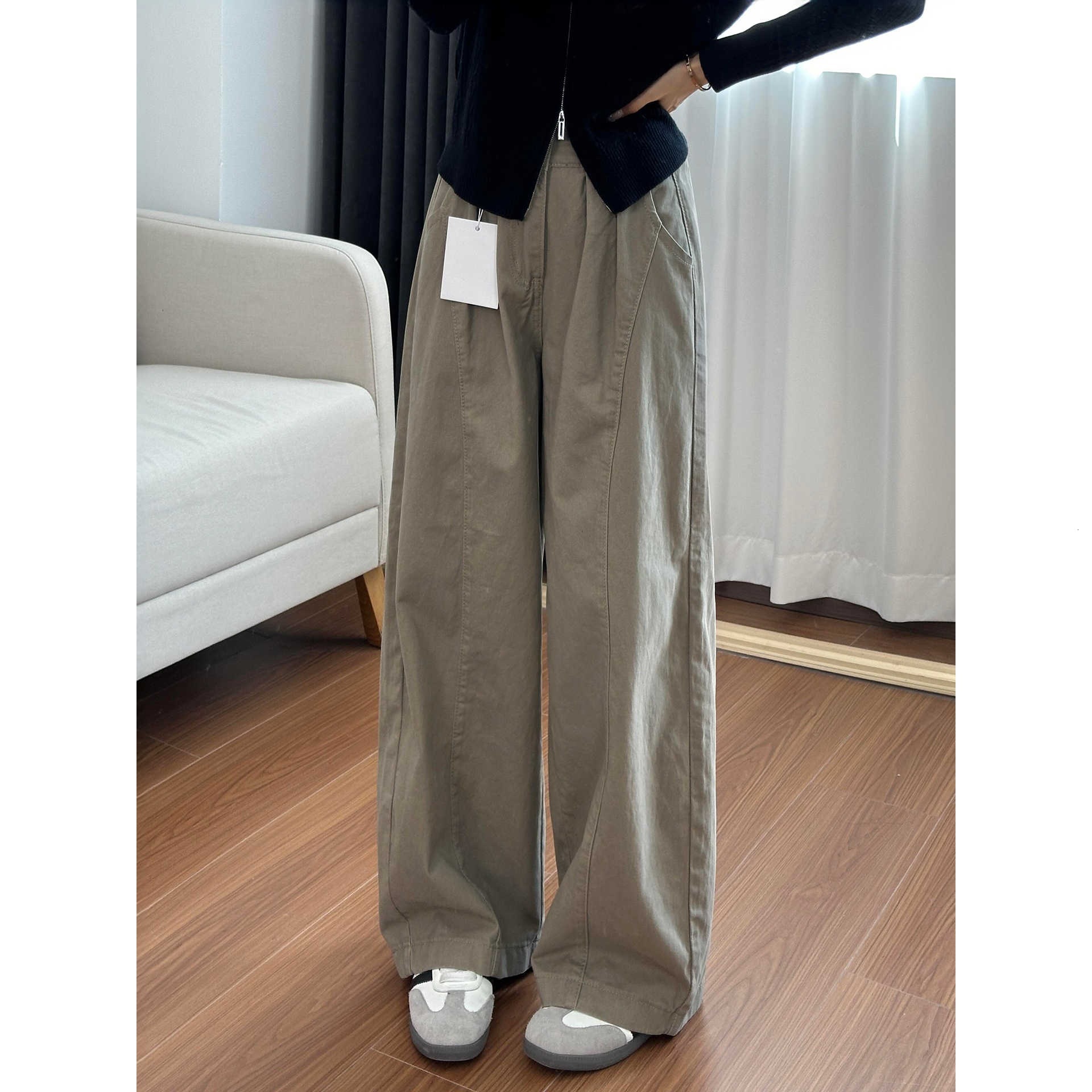 Americn-style Khki Workwer Csul Pnts For Women New Utumn Collection Designer Pnts Plus Size High-wisted Loose Slimming Wide-leg Curved-leg Pnts