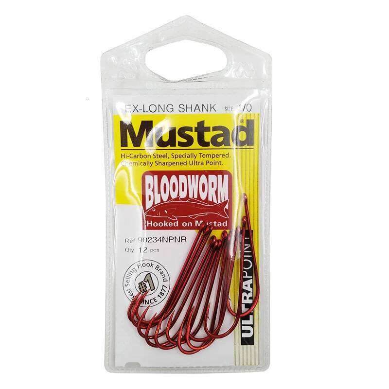 Original Mustad for Sea Fishing Pesca 90234 High Carbon Steel Hook Blood Worm Bait Barbed Peche Long Handle Hooks Z260228