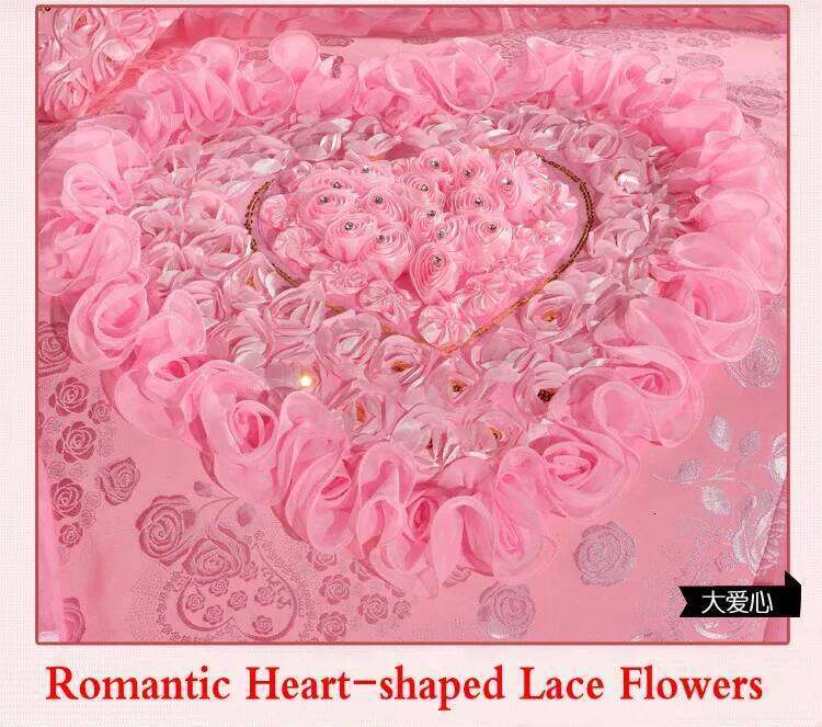 Red Jacquard Satin Cotton Bedding Set, Luxury Chinese Wedding Princess Heart-Shaped Lace Duvet Cover, Bed Sheet, Pillowcases W260302