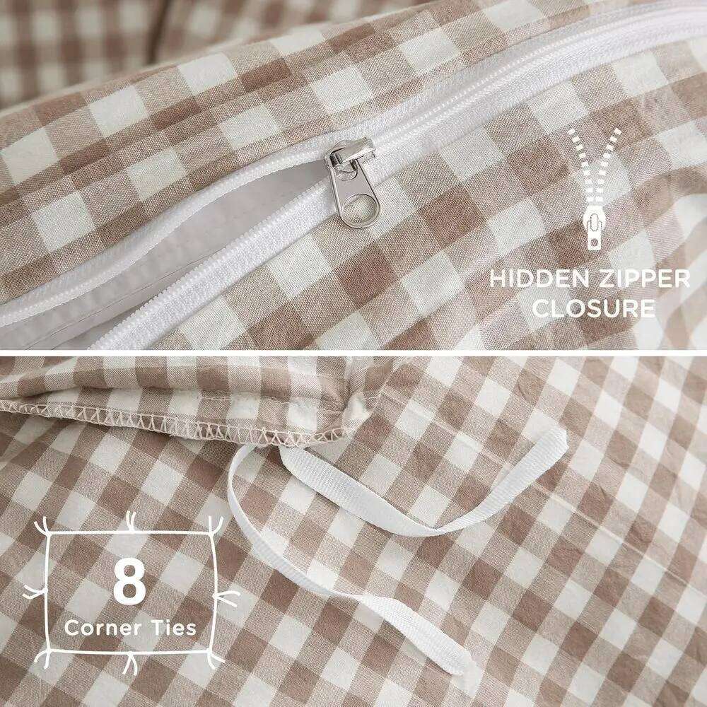 Vintage Brown Plaid Washed Cotton Queen Duvet Cover Set, 100% Soft Linen-Like, 3-Piece, Comforter Not Included W260302