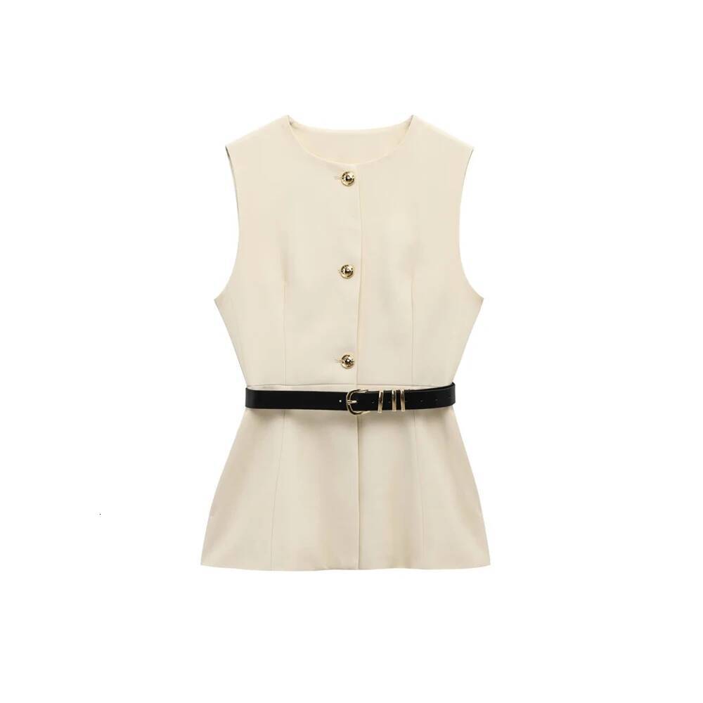 Women's Long Waistcoat with Belt, Front Gold Button, O Neck Sleeveless Vest, Female Outerwear, Chic Tops, Fashion dongdumaoyi