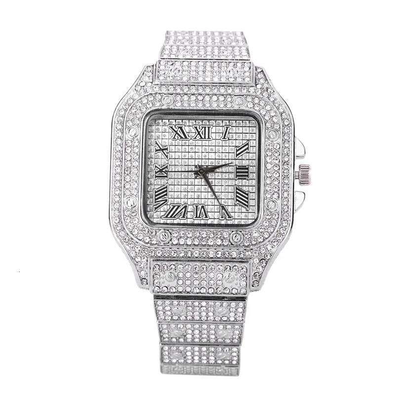 Fashion Full Diamond Square Quartz Watch for Men Women Luxurious Stainless Steel Strap Rhinestone Studded Dial XJ260303