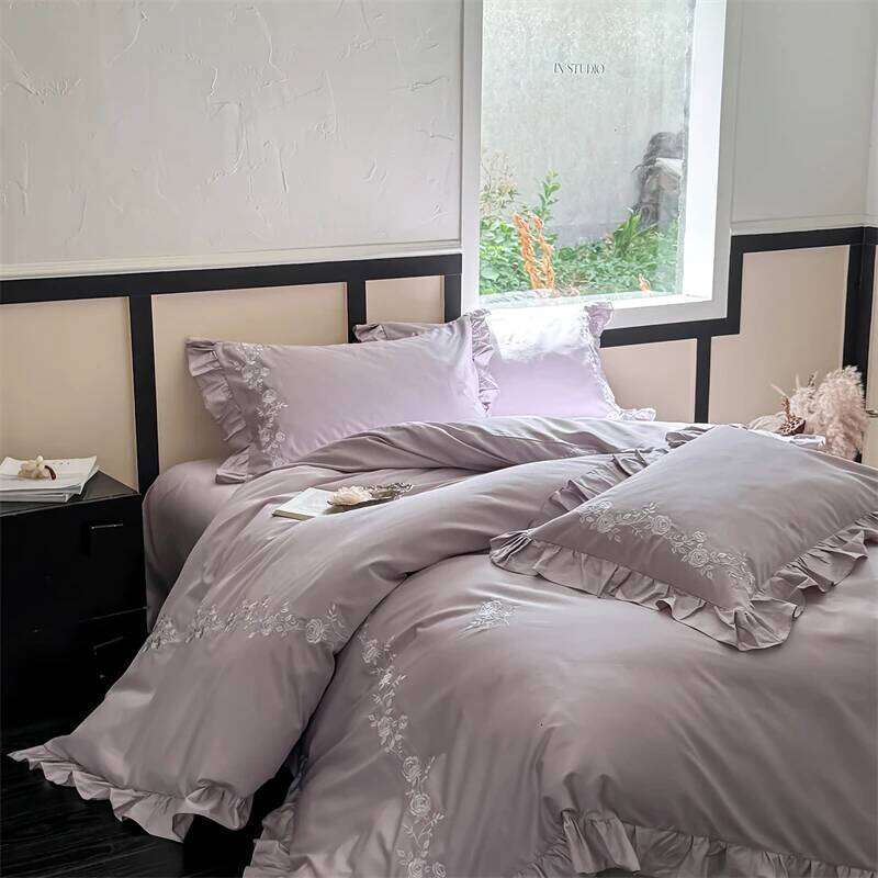 Flowers Embroidery Ruffles Purple Luxury Bedding Set 1000TC Egyptian Cotton Duvet Cover Flat/Fitted Bed Sheet Pillowcases 4Pcs W260302