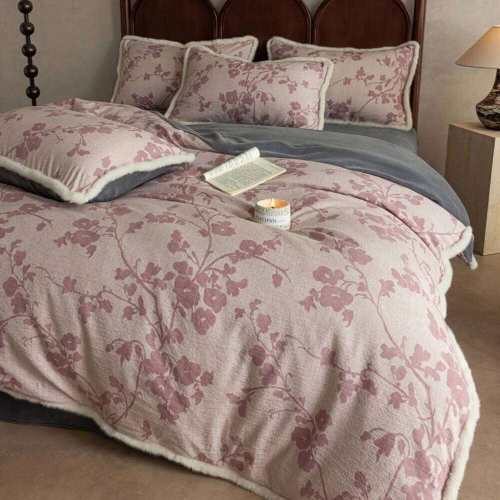 Retro Cotton Linen Thickened Milk Velvet Four-Piece Winter Warm Bedding Set Floral Printed Quilt Cover Pillowcase Bed Sheet W260302