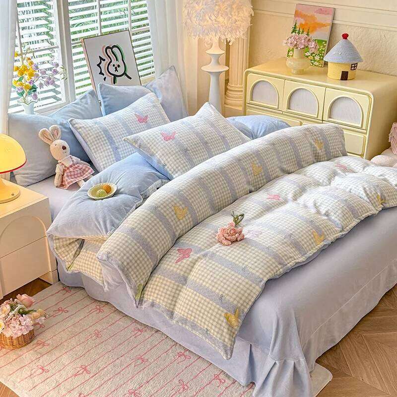 2025 Fall/Winter New Printed Small Fresh Style Milk Fleece Bed Sheet Four-Piece Student Dormitory Three-Piece Set W260302