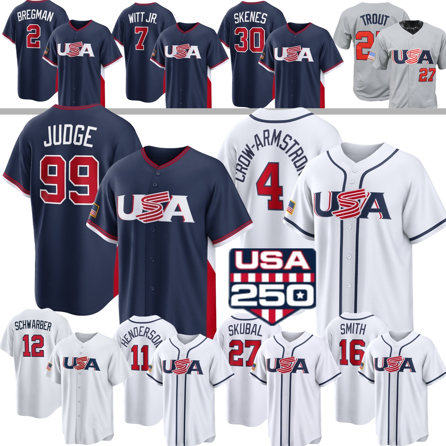 2026 WBC USA Team World Classic Baseball Jersey Aaron Judge Bobby Witt Jr. Pete Crow-Armstrong Harper Skenes Raleigh Schwarber Bregman Kershaws Speier Roman Anthony