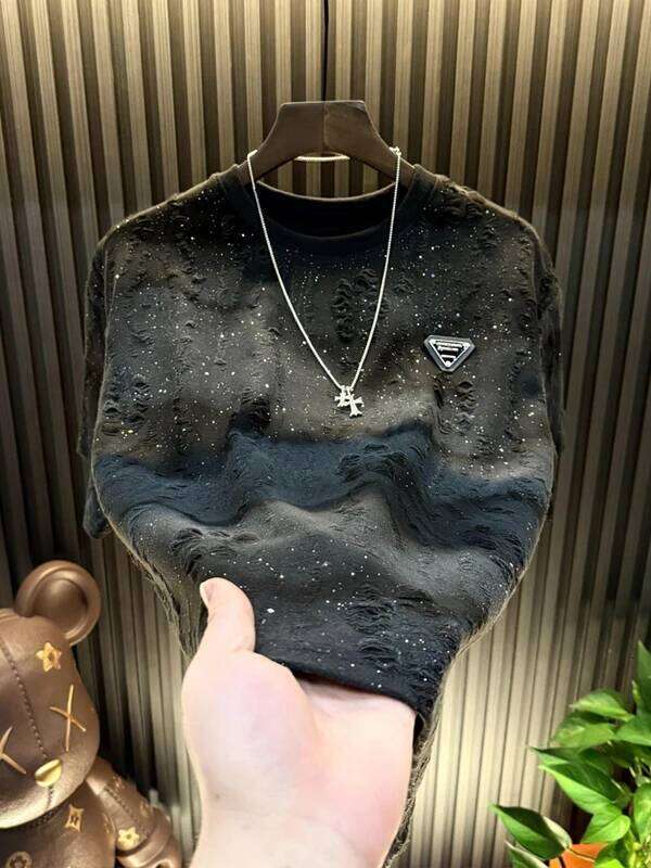 Summer Men's Ort Sve T-Irt Youth Luxury Round Ne Adient Hole Punch Trendy Cotton Polyester Blend Casual Wear