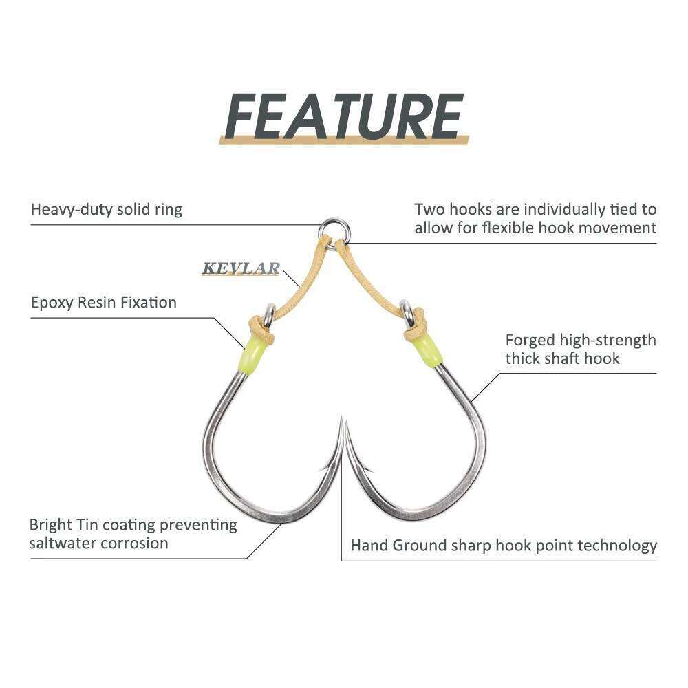 Noeby Heavy Duty Twin Assist Kevlar Line Forged Metal Jigs Hook, Super Needle Point, Sharp High Strength Sea Fishing Hooks Z260228
