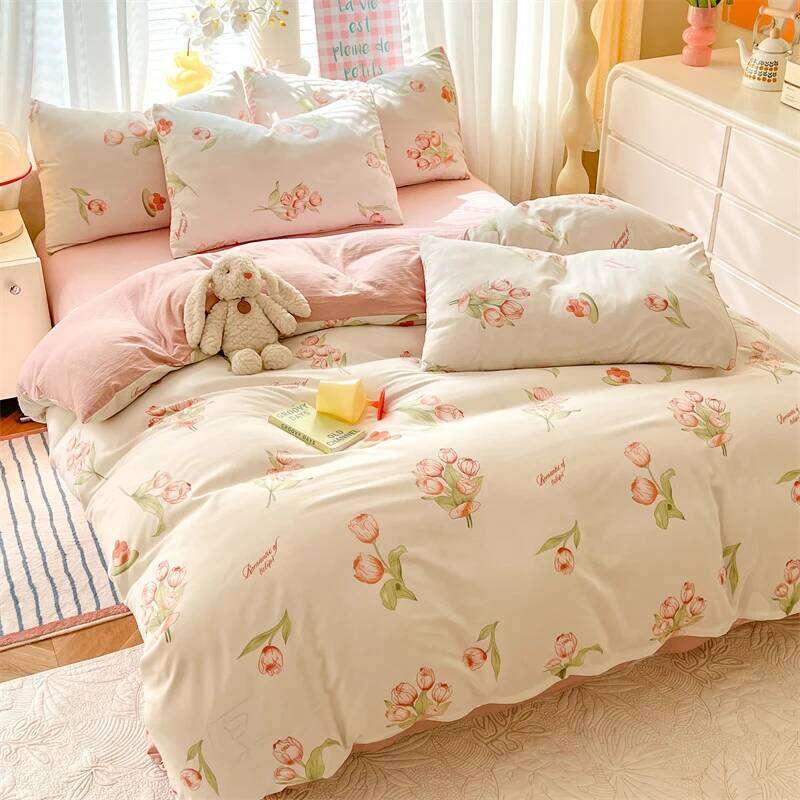 3pcs Pink Tulip Duvet Set, Girls Women Bedroom Plant Flower Decoration Queen Bedding, Letter Printing King Comforter Cover W260302